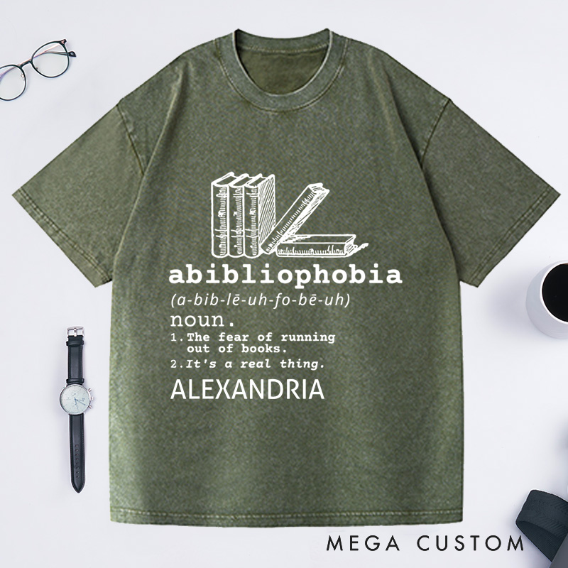 Personalized Abibliophobia Washed T-Shirts, Book Lover Tee Vintage Reader TShirt Bookish Shirt Bookworm Shirt