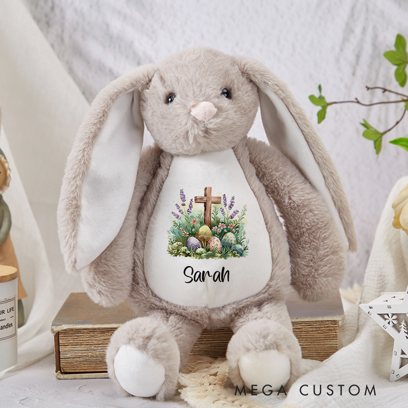Personalized Easter Eggs Floral Cross Cute Plush Bunny Stuffed Animal Toy with Name Easter Baby Shower Birthday Gift for Kids