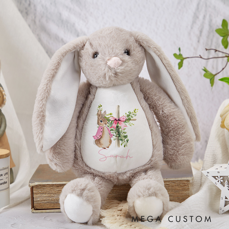 Personalized Cross Easter Bunny Plush Stuffed Toy with Name Easter Birthday Gift for Kids