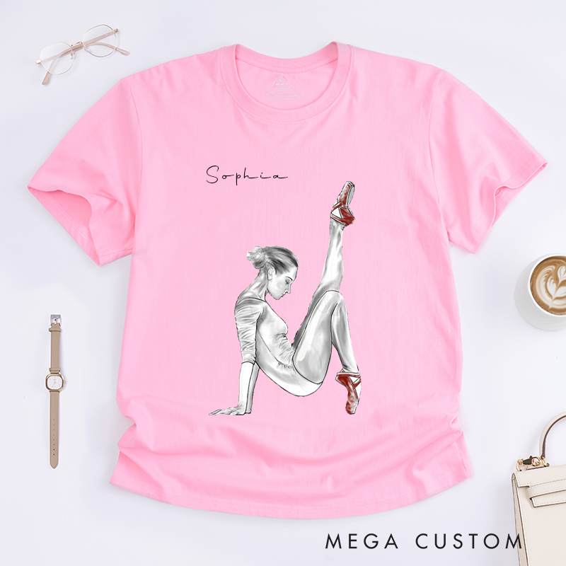 Personalized Ballet Dancer Classic T-Shirts Custom Name Artistic Sketch Unique Gift with Red Pointe Shoes for Ballerina Dancer Women Present