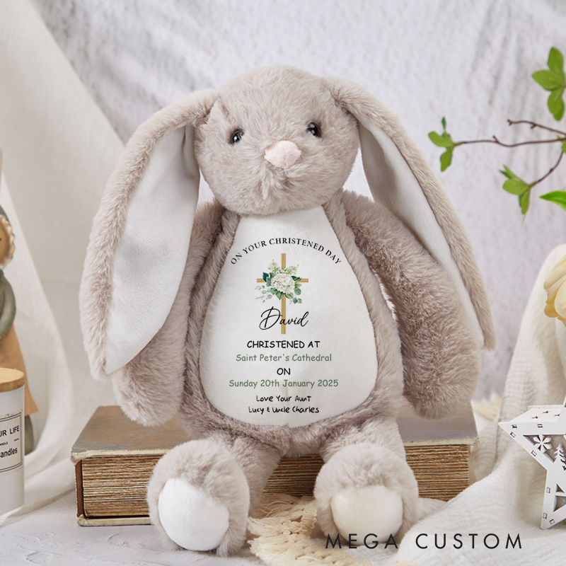 Personalized Cute Floral Cross Peter Rabbit Plush Stuffed Animal Toy with Name and Date Kid Shower Gift Baptism Gift Birthday Gift for Kids