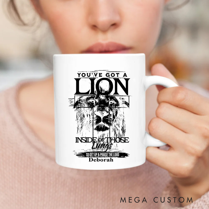 Personalized Lion Imagery Ceramic Mug with Name Birthday Religious Inspirational Gift for Christian Best Gift for Jesus Lover 