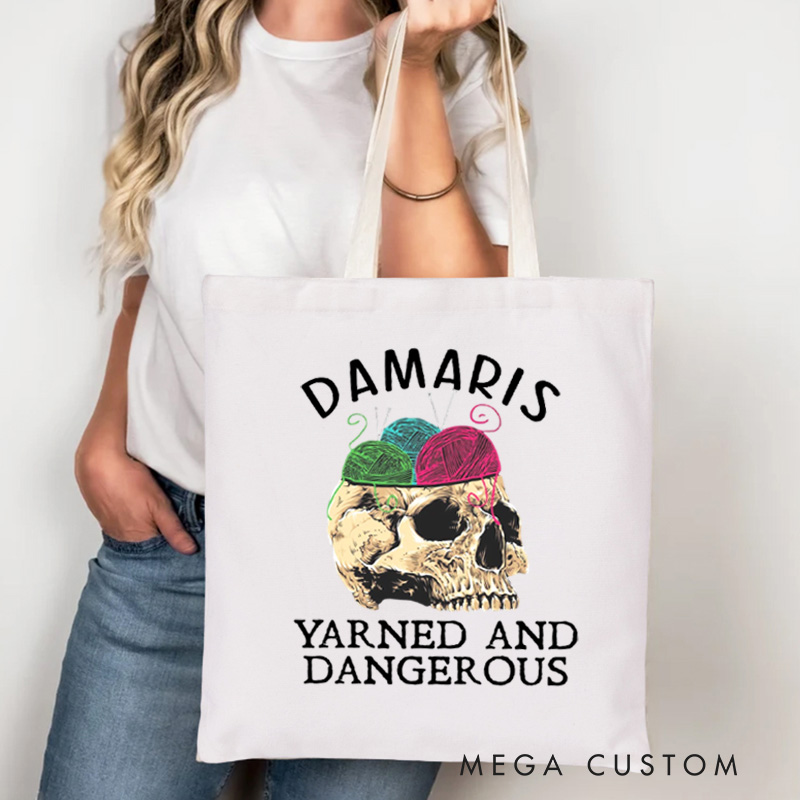Personalized Yarned and Dangerous Tote Bag Skeleton Bag with Name Canvas Yarning Bag for Knitting Lover Gift Crocheting Lover Gift
