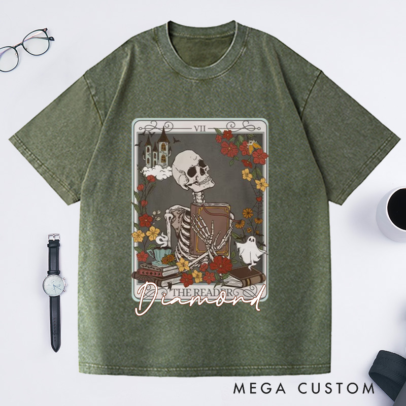 Personalized the Reader Tarot Card Crewneck Washed T-Shirts Skeleton Shirt Book Lover Shirt Bookish Shirt Librarian Shirt Reading Shirt