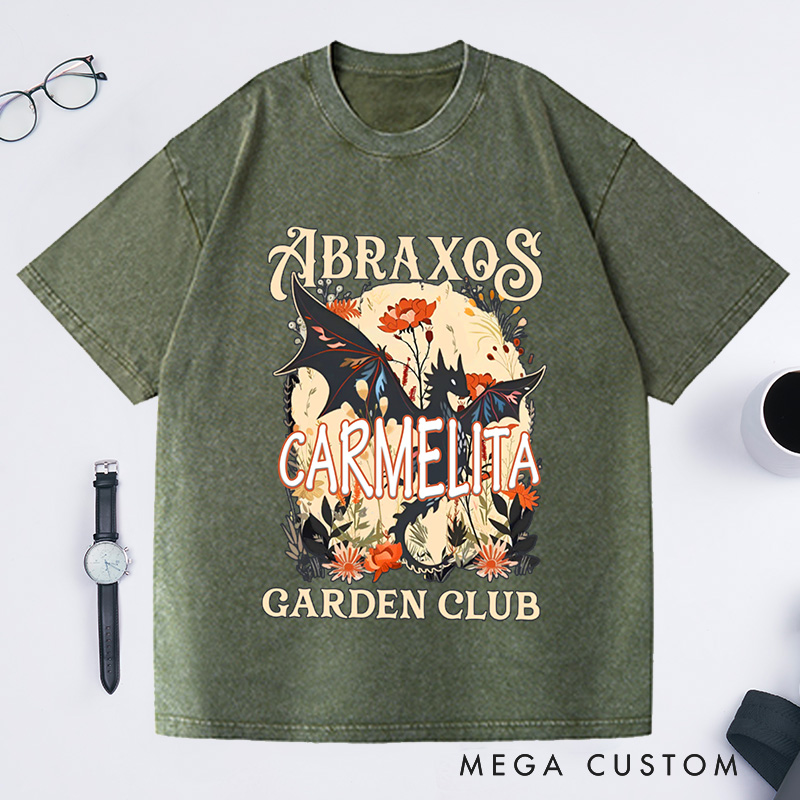 Personalized Garden Club Washed T-Shirts Fantasy Book Lover Shirt Bookish Gift Flower Shirt Dragon Shirt Gardener Gift