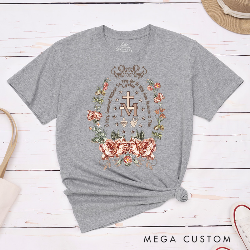 Personalized Virgin Mary Classic T-Shirt with Floral Wreath Cotton Shirt Catholic Gift Easter Christmas Gift for Women 
