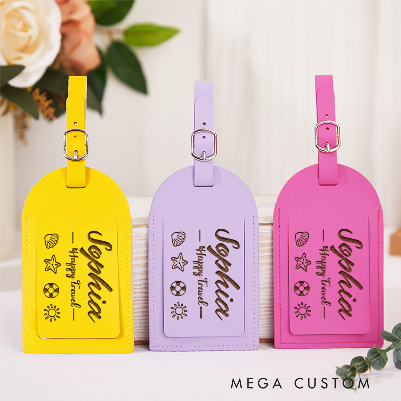 Personalized Happy Travel Leather Luggage Tag for Traveling Lovers Gift for Beach Vacation