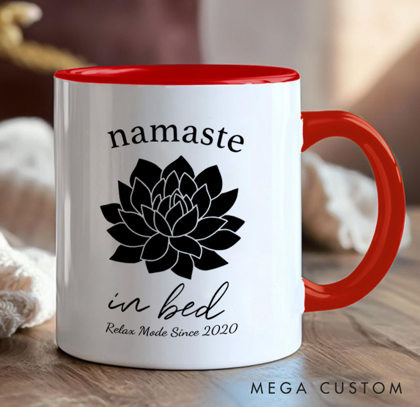Personalized Namaste in Bed Mug with Elegant Lotus Design Custom Name Perfect Gift for Yoga Lover