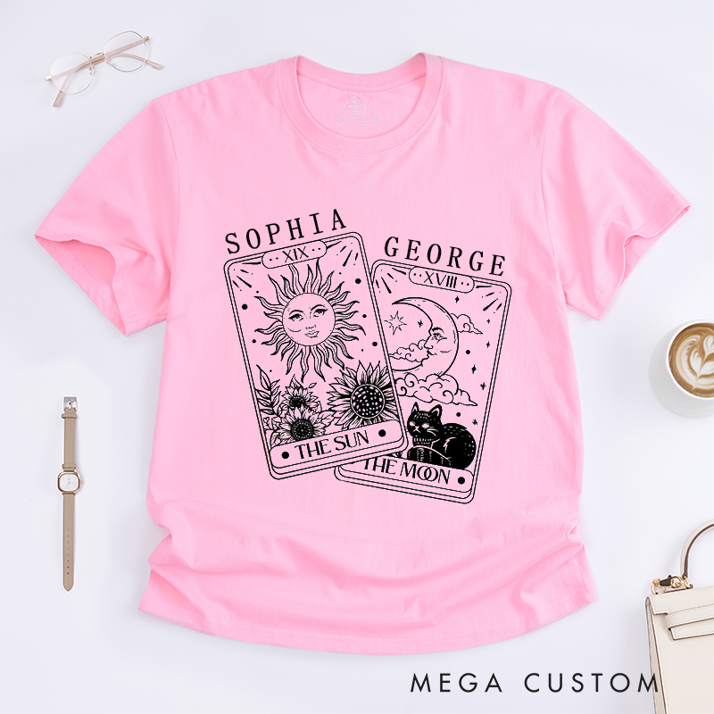 Personalized Tarot Lovers Classic T-Shirts Tarot Cards Sun and Moon Magic Illustration Witchcraft Boho Illustration T-Shirts Gift