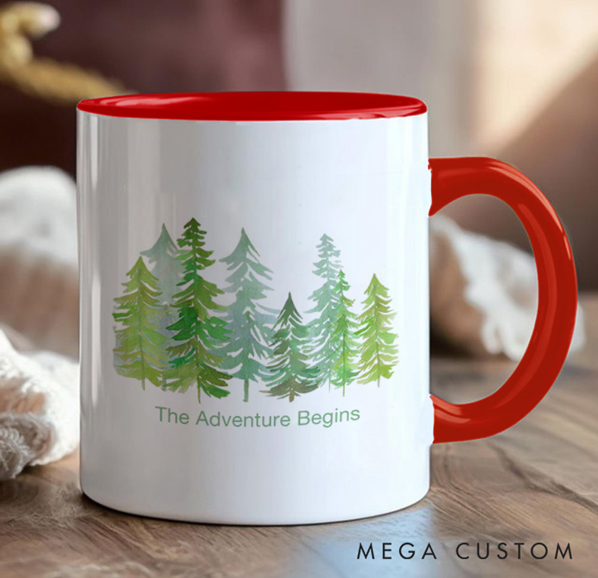 Personalized the Adventure Begins Mug Forest Camping Rustic Mountain Mug Gift for Travel Hiking Outdoors Lovers