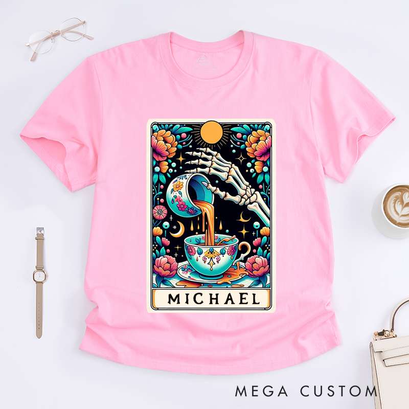 Personalized Spill the Tea Skeleton Tarot Card Classic T-Shirts Unique Gossip Lover Gift Custom Name Floral Vintage Aesthetic T-Shirts