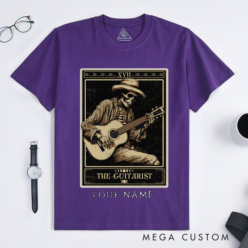 Personalized Tarot Lovers Classic T-Shirts Skeleton Guitarist Classic T-Shirts Vintage Cowboy Acoustic Guitar Tee for Magic Lover