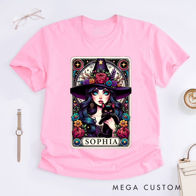 Personalized Tarot Lovers Classic T-Shirts Custom Name Floral Magic Cat Gift Unique Magic Lover Aesthetic Outfit