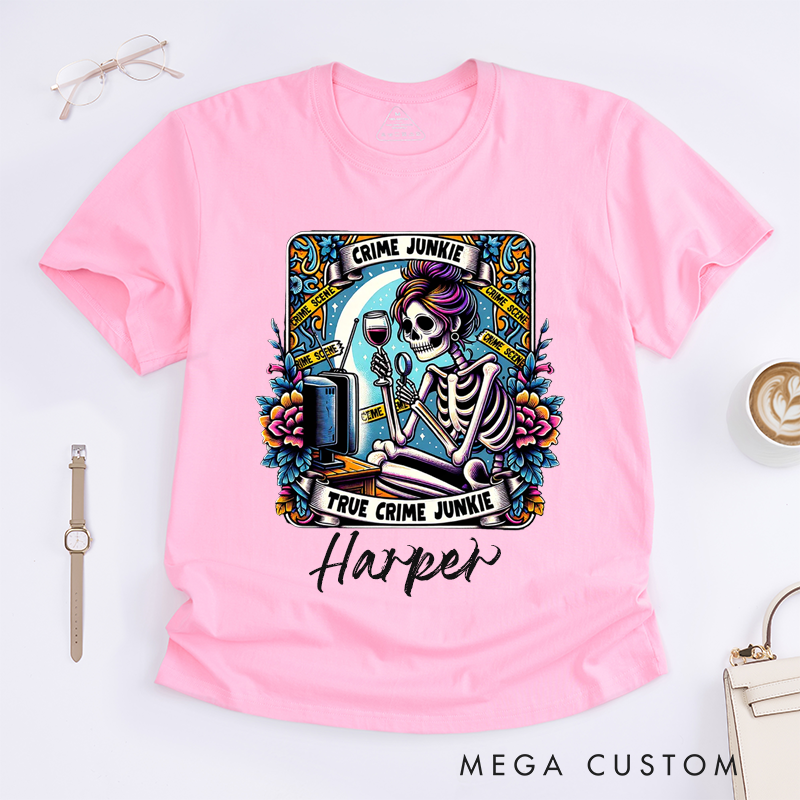 Personalized Tarot Lovers Classic T-Shirts Crime Junkie Classic T-Shirts Skeleton Watching TV Gift for Crime Lovers for Halloween