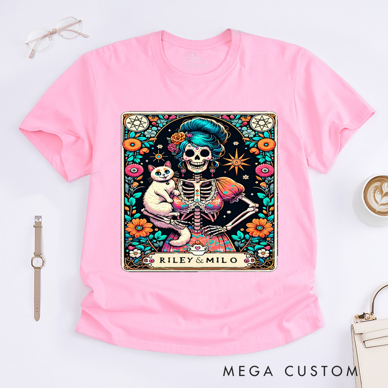 Personalized Tarot Lovers Classic T-Shirts Custom Name Cat Lady Skeleton Floral Art Present