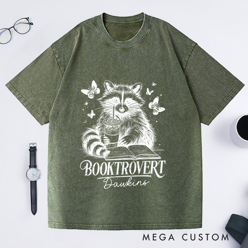 Personalized Booktrovert Washed T-Shirts Funny Book Lover Reading Raccoon Trendy Bookish Book Lover Gift 