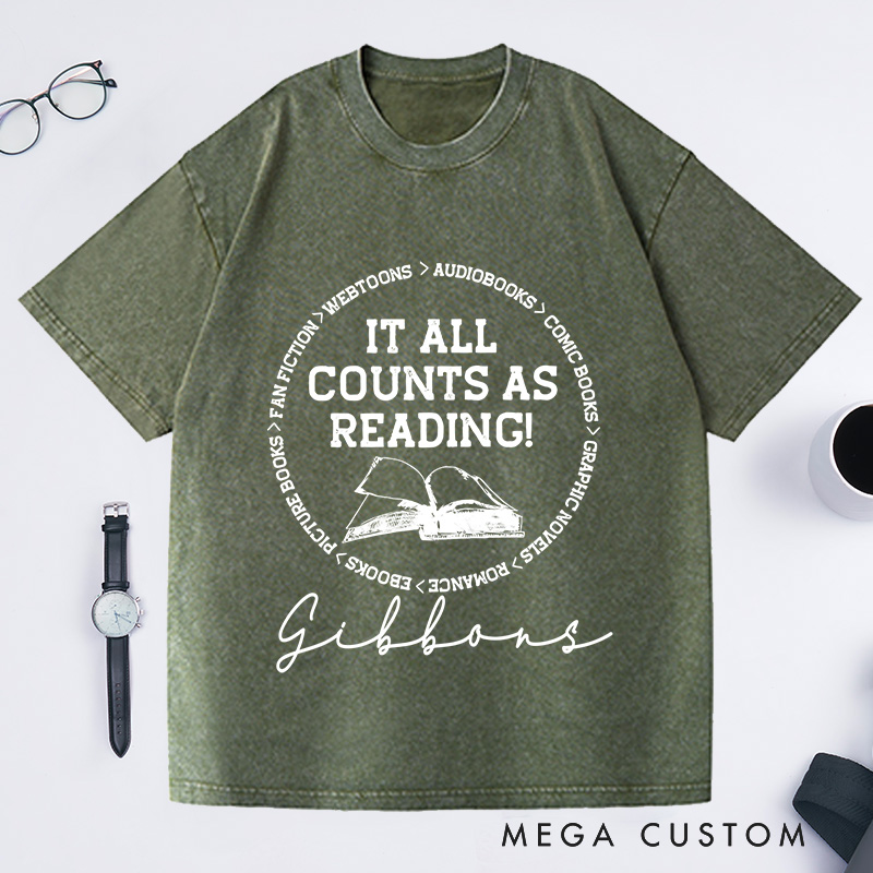 Personalized It All Counts As Reading Washed T-Shirts Book Lovers Shirt