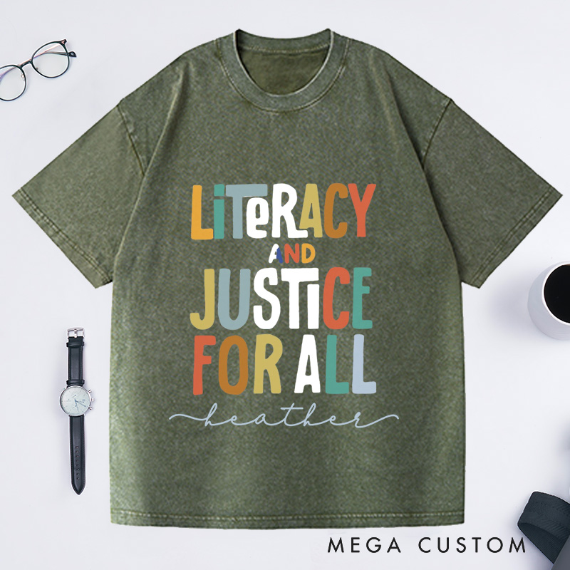 Personalized Literacy and Justice for All  Washed T-Shirts Book Club Shirt Reading Teacher Shirt
