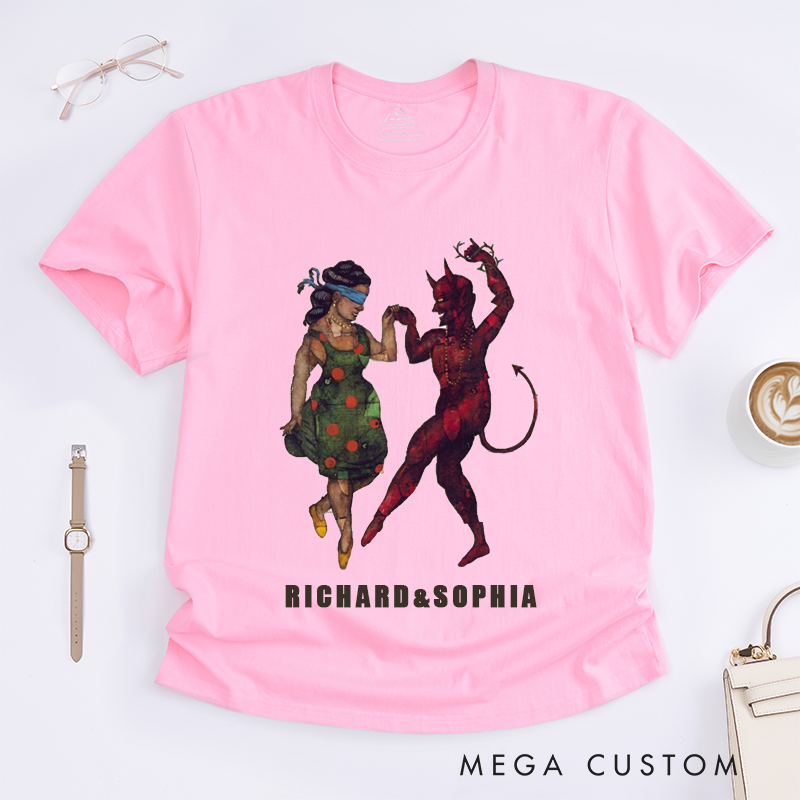 Personalized Classic T-Shirts Dancing Devil and Blindfolded Women Unique Artistic Unisex Gift Custom Name Top Retro Style Shirt