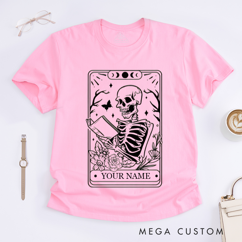 Personalized Skeleton Reader T-Shirts Unique Tarot Lover Gift for Men and Women Custom Name Floral Skulls Art Reader Shirt for Friends