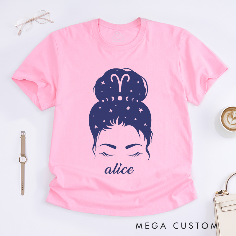 Personalized Aries Zodiac Sign Classic T-Shirts Custom Name Astrology Horoscope Gift for Women Unique Star Constellation Tee