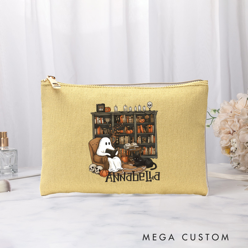 Personalized Retro Ghost Reading Books Cosmetic & Toiletry Storage Book Lover Cosmetic Bag Makeup Bag with Name Halloween Gift Librarian Gift Reading Gift