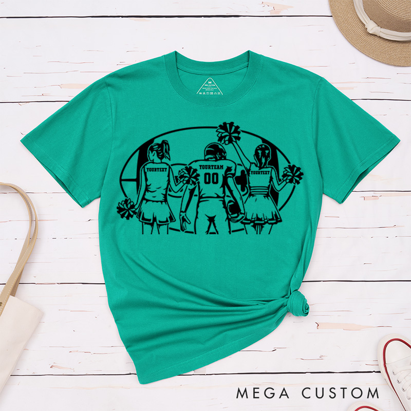 Personalized American Football Cheerleader T-Shirts with Custom Player and 2 Cheerleader Name and Number