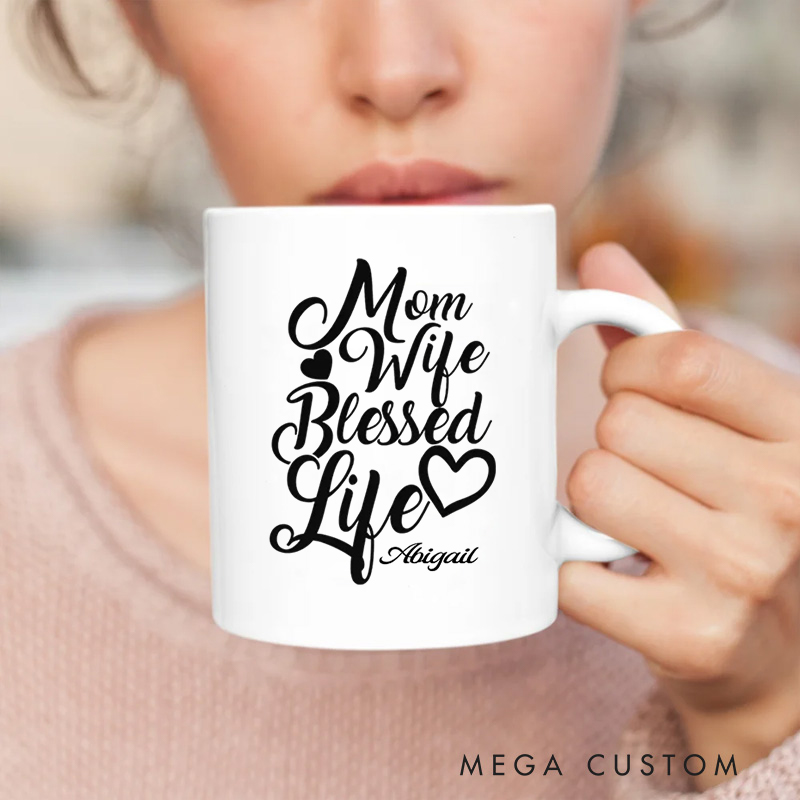 Personalized Mom Wife Blessed Life Ceramic Mug with Name Birthday Gift for Christian Positive Affirmation Religious Gift for Christian