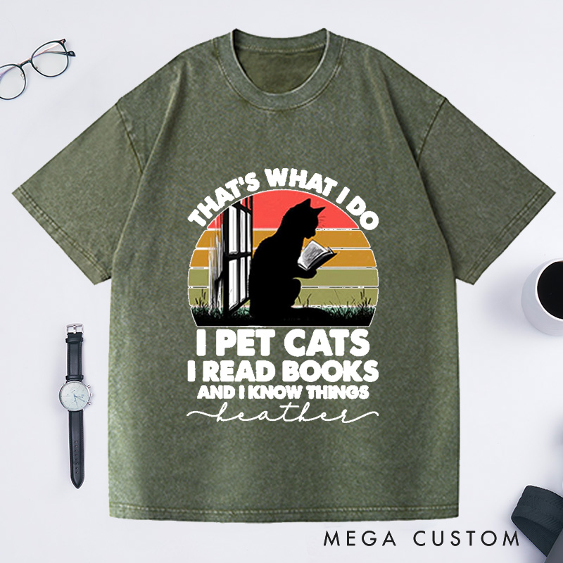 Personalized Cat and Book Washed T-Shirts Book Lover Shirt Cat Book Shirt Cat Lover Shirt Reading Shirts Bookworm Gifts