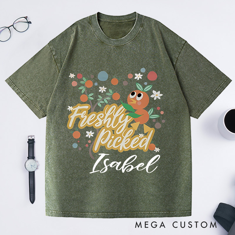 Personalized Orange Bird Washed T-Shirts Freshly Picked Oranges for Flower and Garden