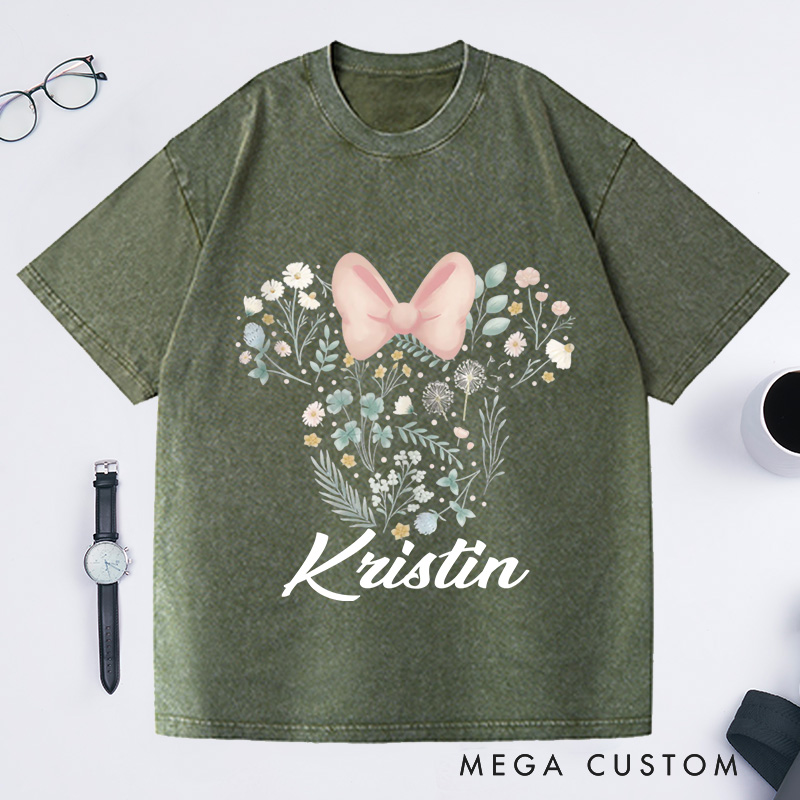 Personalized Floral Mouse Head Washed T-Shirts Nature Lover Gifts for Gardening Enthusiasts