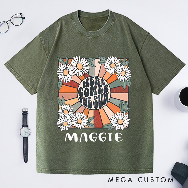 Personalized Here Comes the Sun Washed T-Shirts for Women Travel Beach Vacation Shirt Sunshine Shirt Beatles Retro Shirt Motivational Shirt Gift for Her