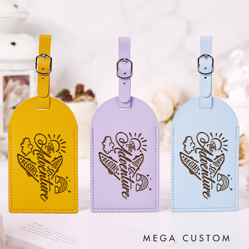 Personalized the Adventure Begins Leather Luggage Tag for Traveling Lovers Custom Trip Gift