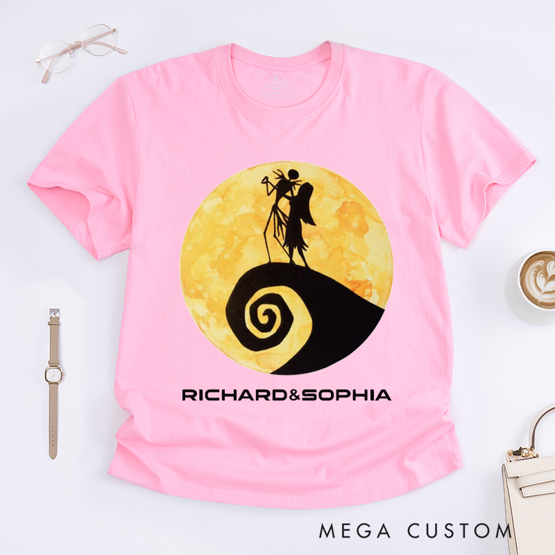 Personalized Skeleton Couple Romantic Moonlight Scene T-Shirts Unique Gothic Art Lovers Gift Custom Unisex Tee for Anniversary