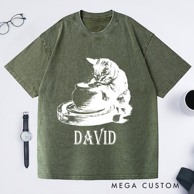 Personalized Cat Pottery Washed T-Shirts Pottery Lover T-Shirt Funny Cat Woman Shirt Weird Animals Shirts Vintage 90s Tattoo Graphic Tee