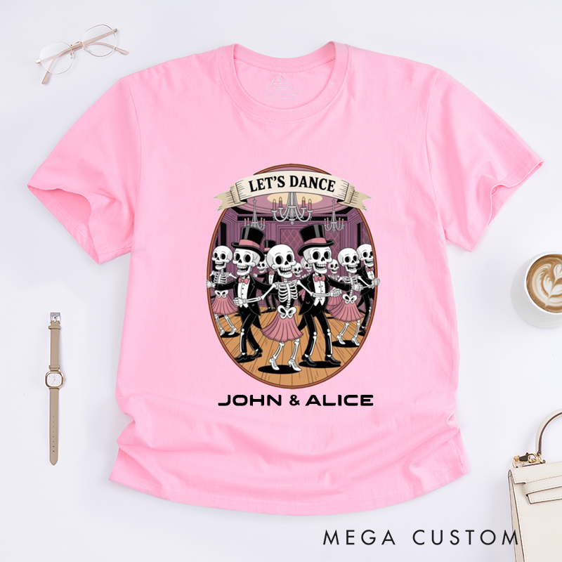 Personalized Skeleton Ballroom Dance T-Shirts Funny Dancing Skeletons Tee Unique Dance Gift for Dancer Friend Couple Custom Unisex Shirt