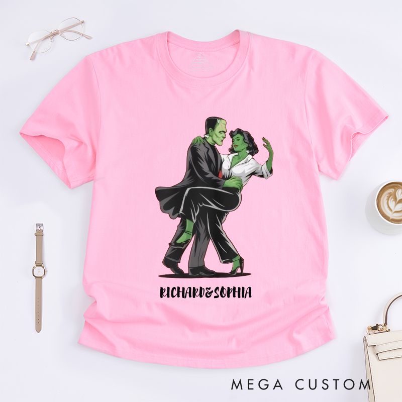 Personalized Dancing Monster Couple T-Shirts Unique Green Character Lovers Gift Custom Funny Unisex Tee for Men Women Present