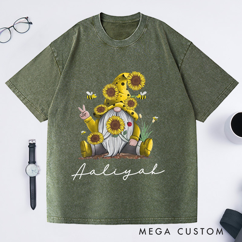 Personalized Sunflower Gnome Washed T-Shirts Bee Gnome Shirt Gnome Peace Sign Shirt Funny Gnome Shirt Spring Gnome Tee Cute Bee Gnome Shirt