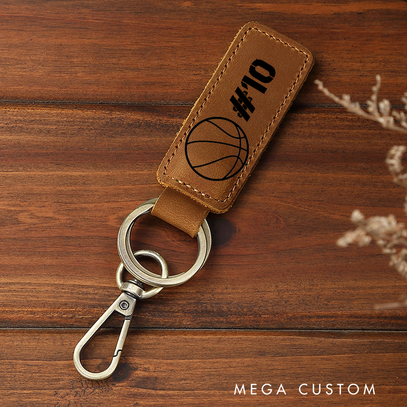Personalized Leather Sports Keychain with Custom Ball Design and Number