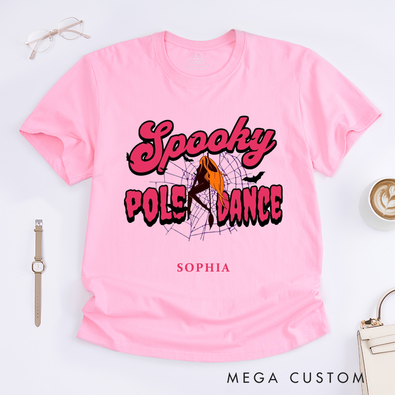 Personalized Spooky Pole Dance Halloween T-Shirts Custom Name Dancer Tee Unique Gift for Women Funny Pole Lover Present for Her Halloween Apparel