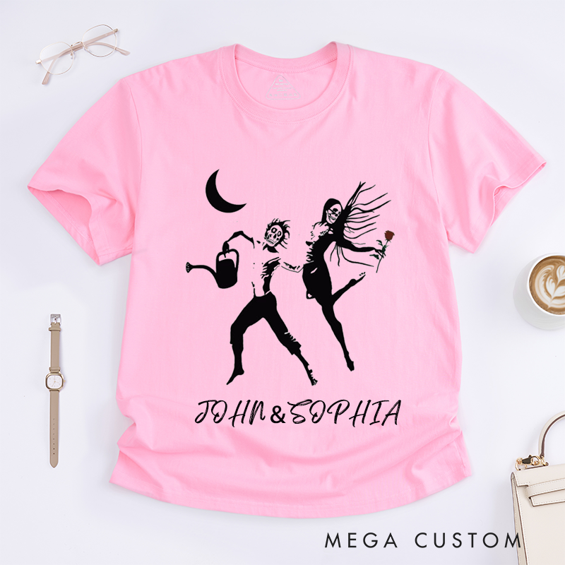 Personalized Gothic Forever Skeleton Couple Art Unisex T-Shirts Unique Romantic Gift for Lovers Friends Custom Name Cute Dark Aesthetic Tee