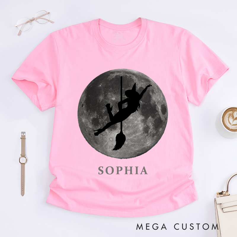 Personalized Dance Witch Broomstick T-Shirts Custom Name Halloween Gift for Women Unique Witchy Shirt for Her Full Moon Silhouette Night Top