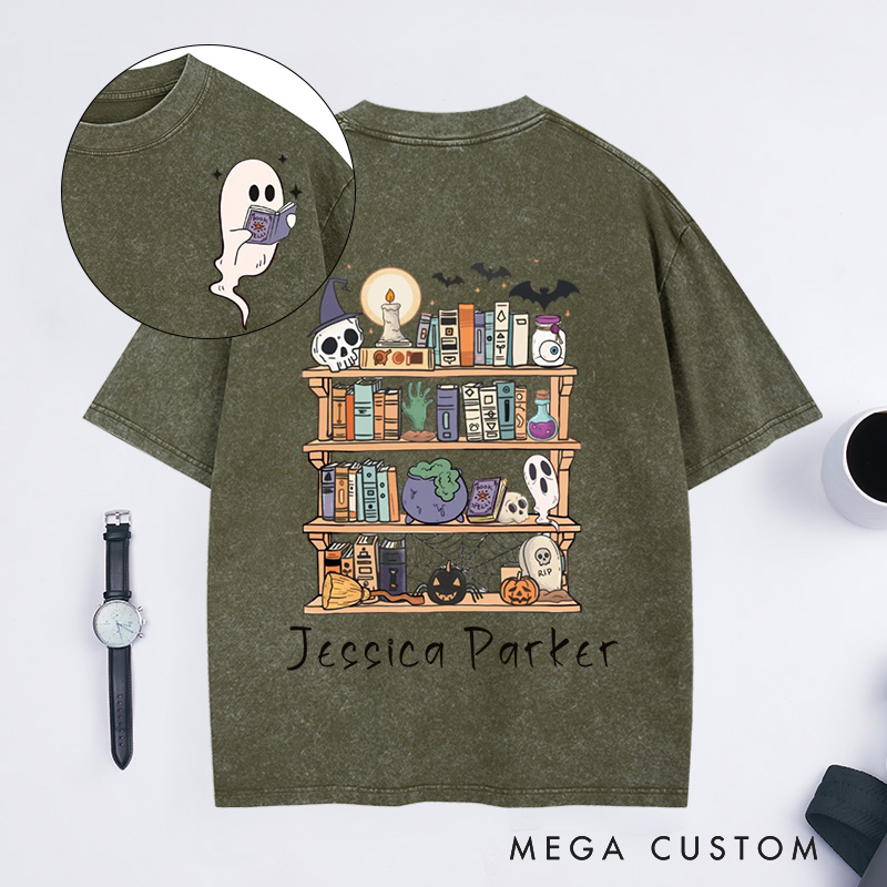 Personalized Ghost Book Reader Washed T-Shirts Halloween Library Shirt Halloween Reading Tee Book Lover Gift Skeleton Book Club Reading Shirts