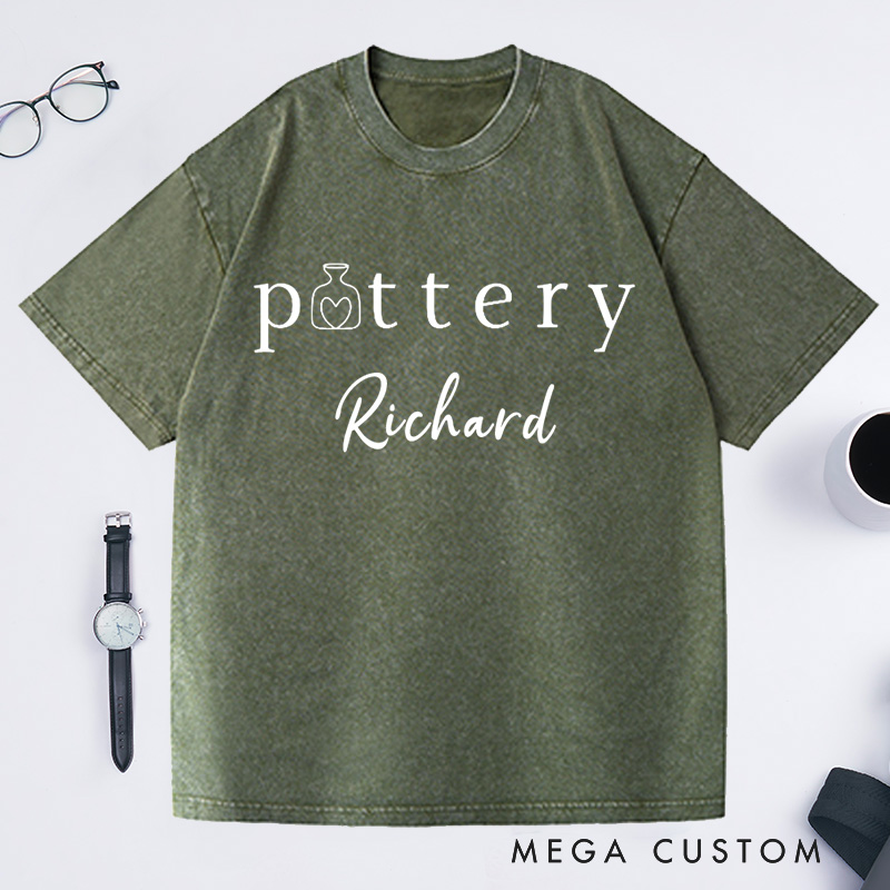 Personalized Cute Pottery Lover Washed T-Shirts for Ceramics Artist Gift for Her Birthday Gift for Crafting Tee Gift for Teacher Cute Pottery Shirt Heart and Vase