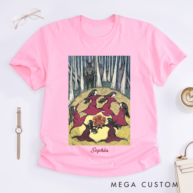 Personalized Witchy Women Circle Dance T-Shirts Mystical Forest Bonfire Art Unique Spiritual Gift for Her Ladies Custom Name Witch Tee