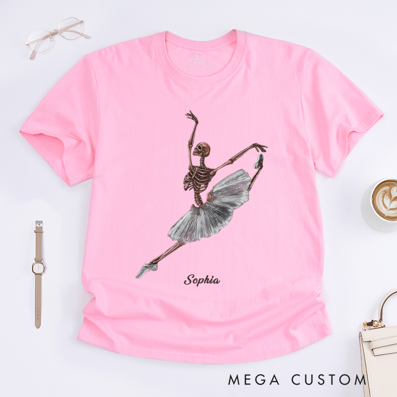 Personalized Skeleton Ballerina Dance T-Shirts Art Unique Ballet Lover Gift Custom Name for Women Funny Halloween Shirt Girls Ballet Enthusiast