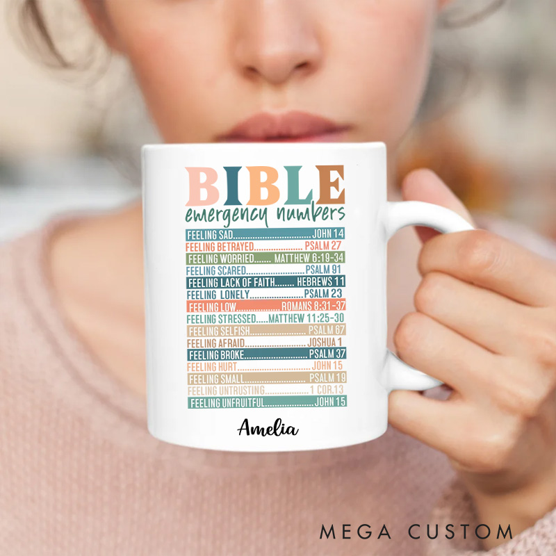 Personalized Multicolor Bible Emergency Numbers Ceramic Mug with Name Religious Gift Birthday Gift for Girls