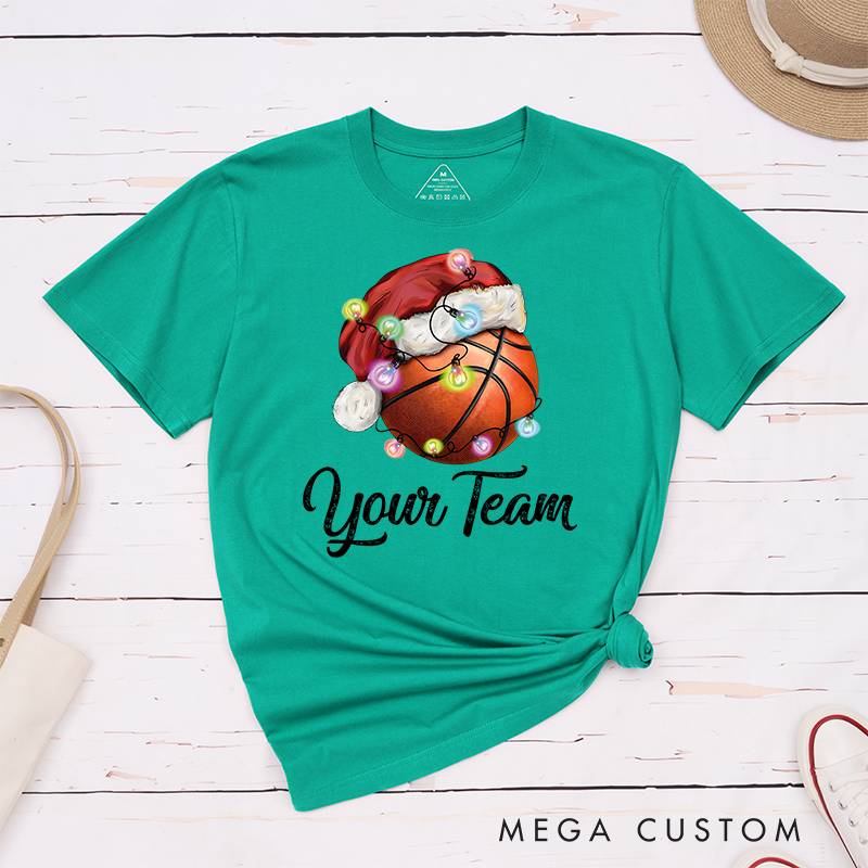 Personalized Christmas Basketball T-Shirt with Custom Team Name and Festive Design