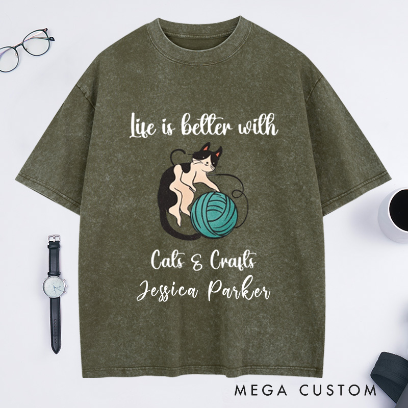 Personalized Cat Knitting Crafts Washed T-Shirts MidCentury Cat Knitting Shirt Vintage Cat T-Shirt BoHo Knitting Shirt Funny Cat Lover Shirt