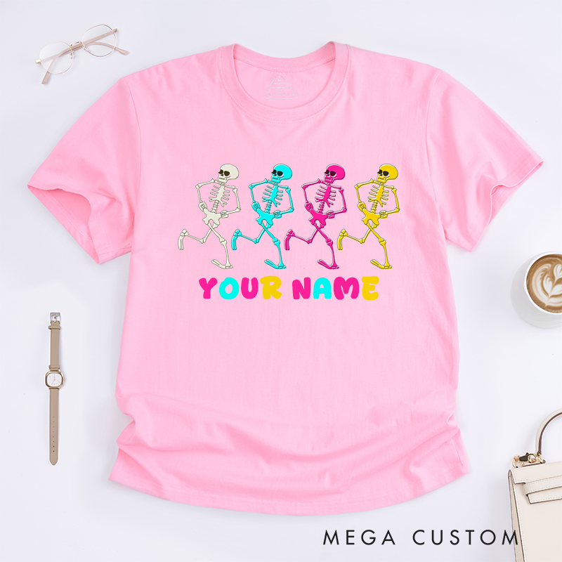 Personalized Dancing Skeletons T-Shirt Unisex Funny Runners Skeleton Graphic Tee Unique Halloween Gift for Friends Family